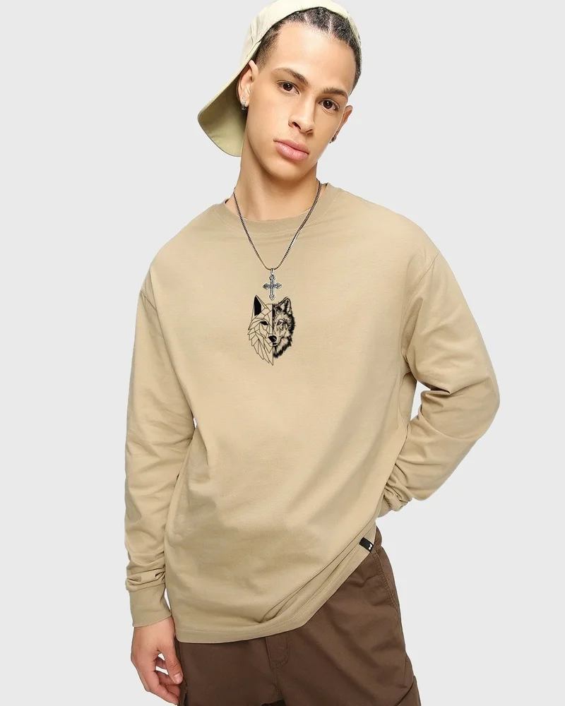 بيواكوف تيشيرت رجالي واسع بطبعة الوحش بداخلك باللون البني